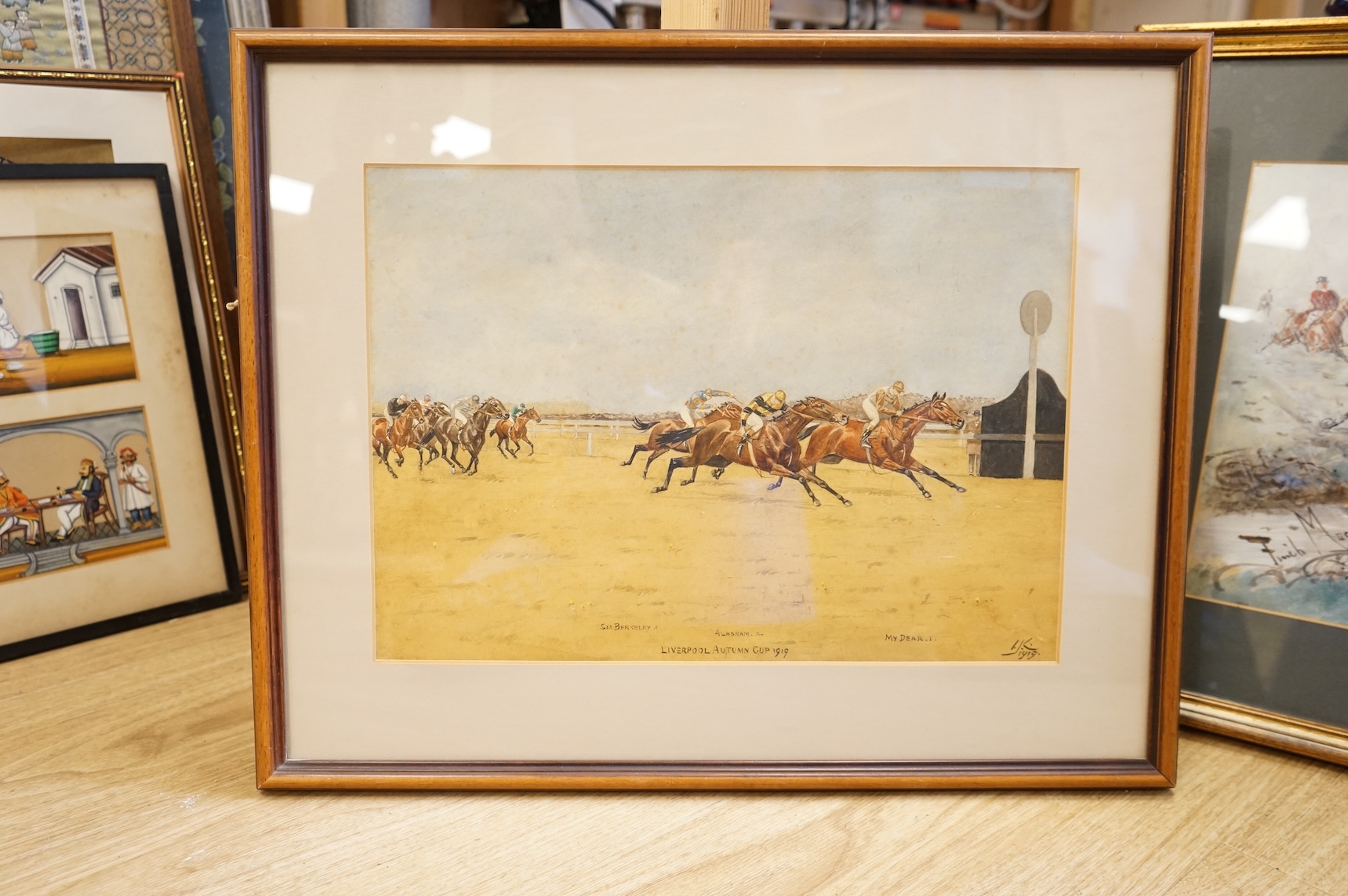 George Finch Mason (1850-1915), 'The Major', 'Where's there a ford, Tom?', heightened watercolour, signed, together with a pen and ink sketch by the same artist and an early 20th century watercolour, Liverpool Autumn Cup